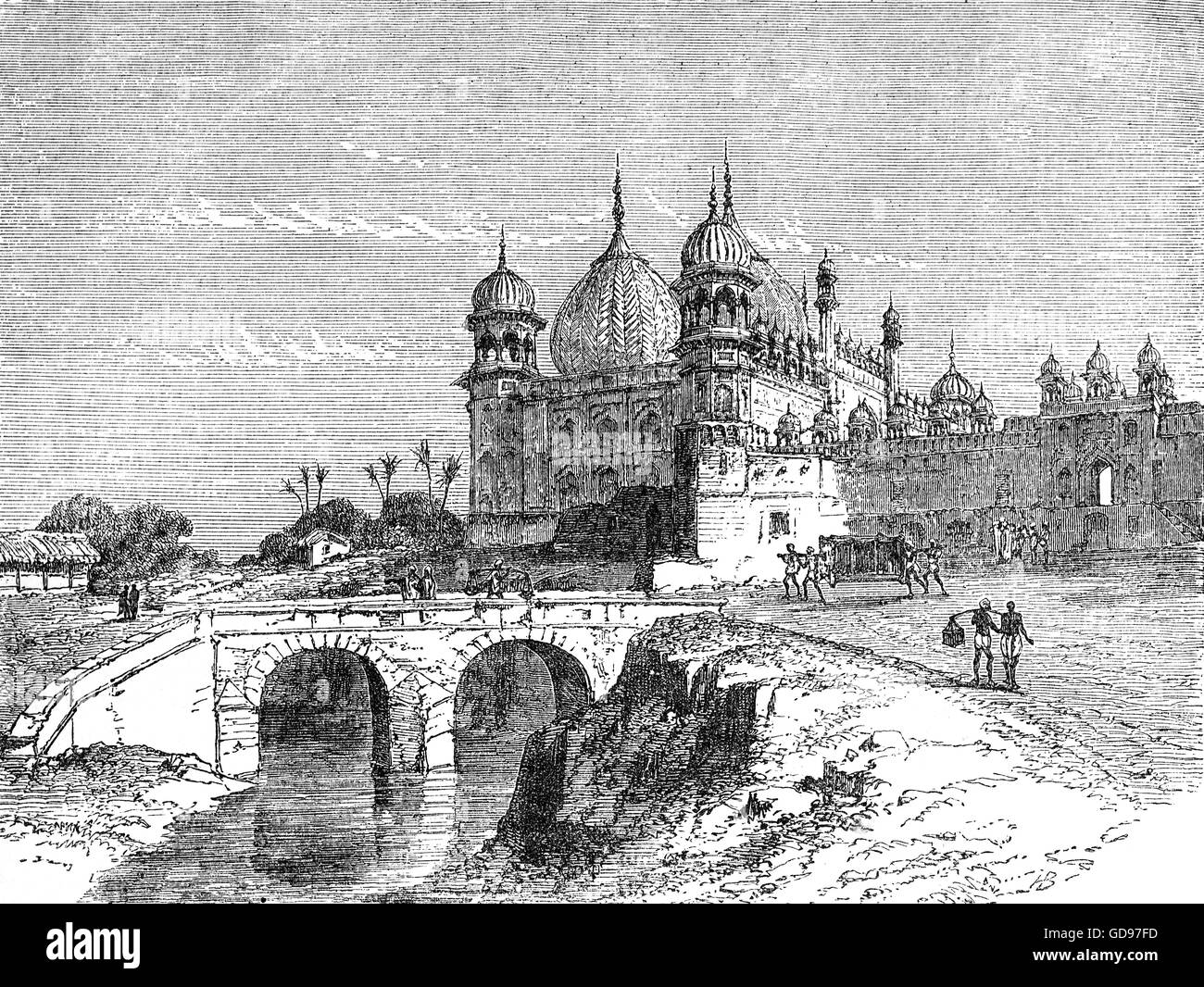Rückansicht des 17. Jahrhunderts Taj Mahal in Agra, einer Stadt an den Ufern des Flusses Yamuna im nördlichen Bundesstaat Uttar Pradesh, Indien. Stockfoto