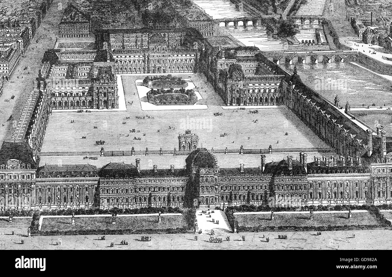 Der Tuilerien-Palast war ein königlichen und kaiserlichen Palast in Paris, das Stand auf dem rechten Ufer der Seine. Es war Paris Aufenthaltsort der meisten französischen Monarchen, von Heinrich IV. bis Napoleon III, bis es von der Paris Kommune im Jahr 1871 verbrannt wurde. Stockfoto