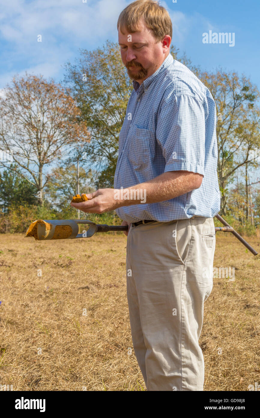 Mann einen "Perc-Test" durchführen um festzustellen, ob der Boden für ein unterirdisches septischen System geeignet ist Stockfoto