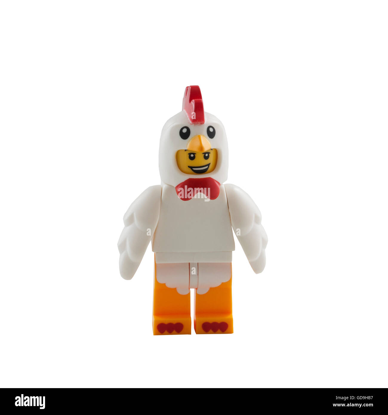 Eine Lego Figur eines Mannes Huhn auf weißem Hintergrund Stockfotografie -  Alamy