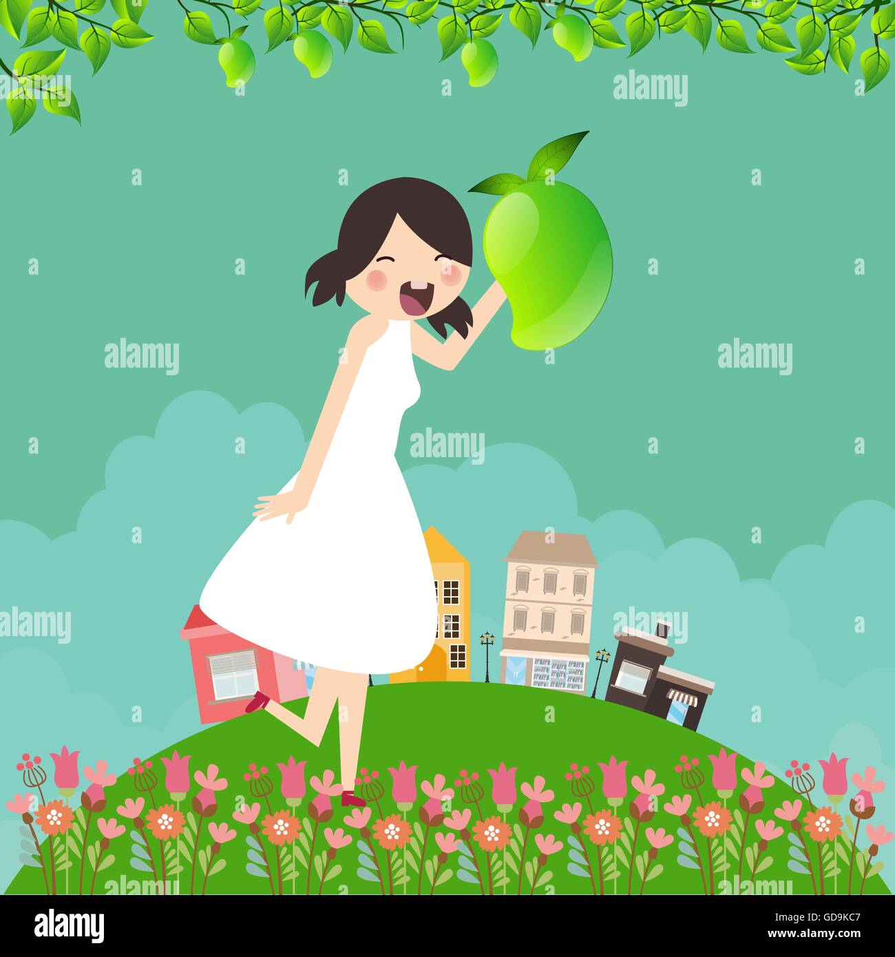 Madchen Cartoon Lacheln Glucklich Halten Mango Frucht Mit Ast Und Blattern Um Im Grunen Bereich Stock Vektorgrafik Alamy