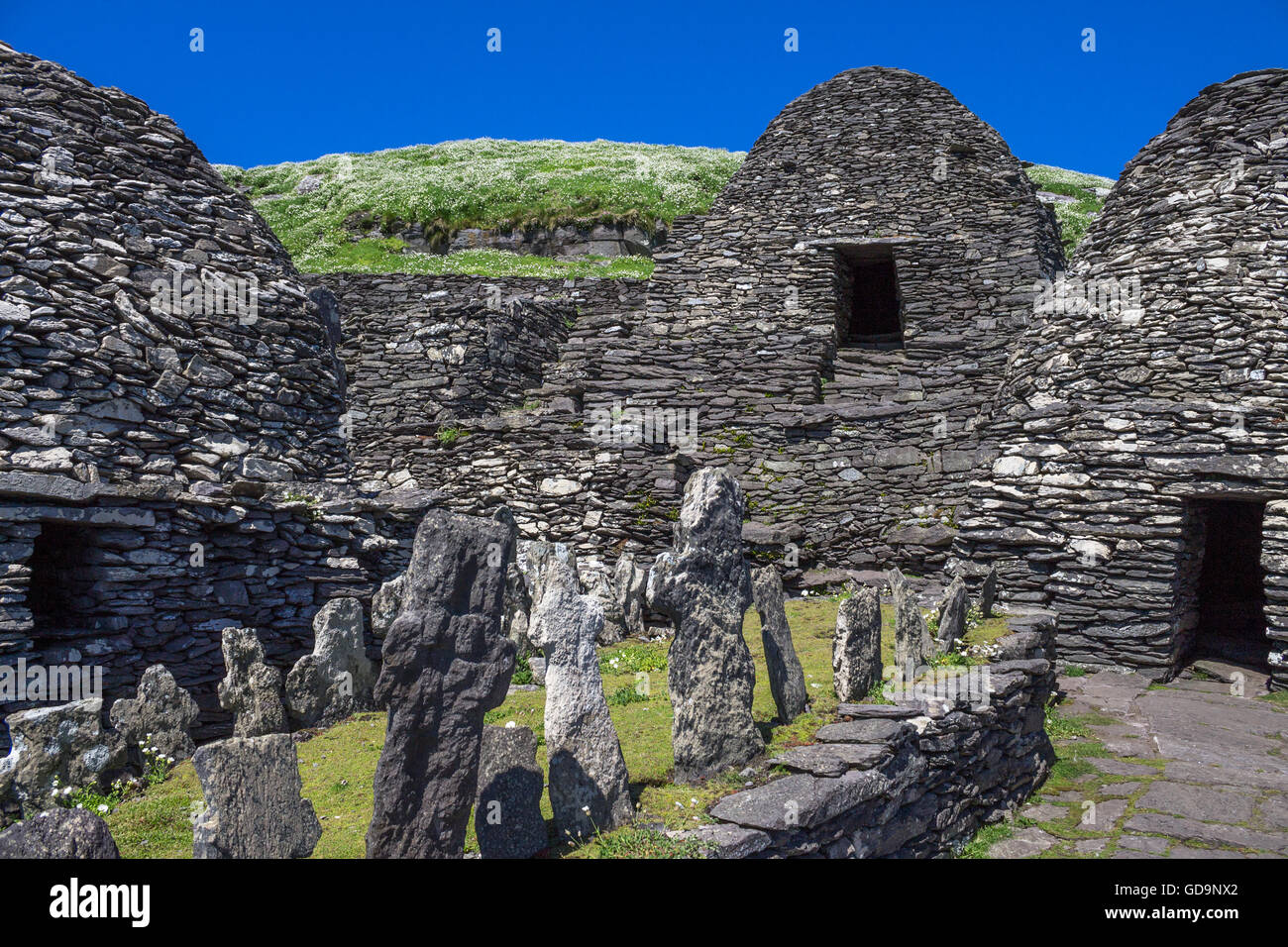 Alte keltische Bienenstock Hütte auf Skellig Michael, County Kerry, Star Wars Filmeinstellung und UNESCO-Weltkulturerbe Kloster. Stockfoto