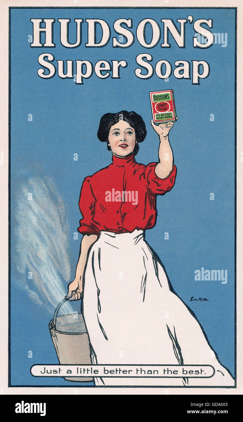 Farbe viktorianischen Broschüre adverting Hudsons Super Seife, zeigt eine Frau hält einen Eimer mit dampfenden Wasser und ein Paket von Seife Stockfoto