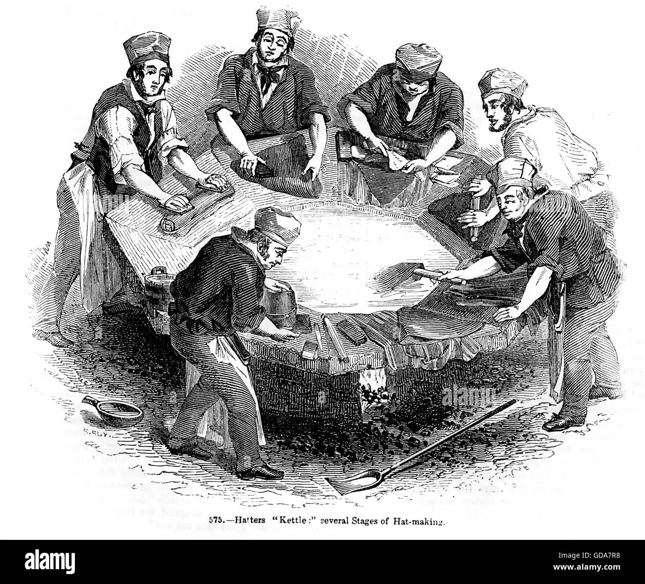 Hutmacher runden ein "Kessel" 1850 print zeigt die verschiedenen Stadien der Hut machen um einen Kessel durch das Feuer unten beheizt. "Wasserkocher" oder Kessel enthält eine Säure verwendet, um den Filz zu erweichen. Des Arbeitnehmers Bretter Neigung nach innen und nach unten in den Mix. Stockfoto