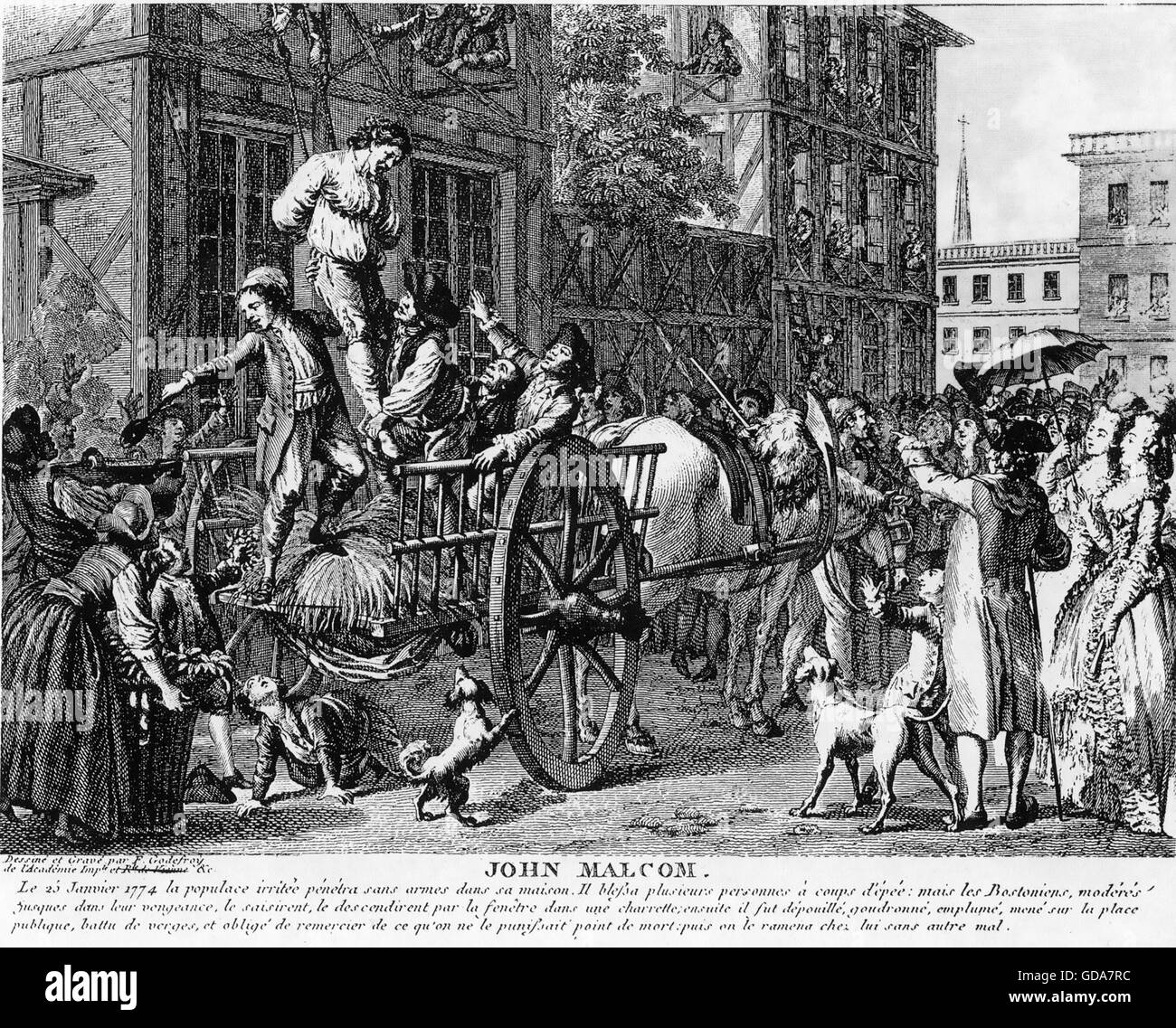 JOHN MALCOLM (?-1778) Englisch Zollbeamter geteert und gefedert während der amerikanischen Revolution im Januar 1774 Stockfoto