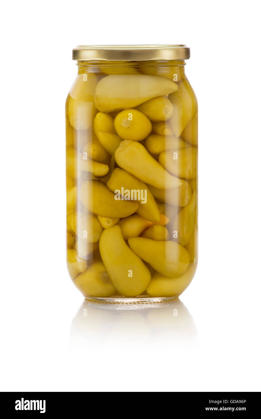 Glas eingelegte Paprika, Isolated on White Background Stockfoto