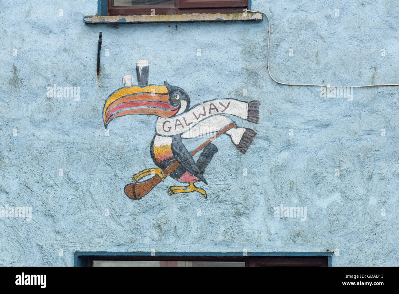 Irland, Offaly, Clonmacnoise, Papagei Malerei an Hauswand, ehemalige Kneipe in der Nähe von Clonmacnoise am Fluss Shannon Stockfoto