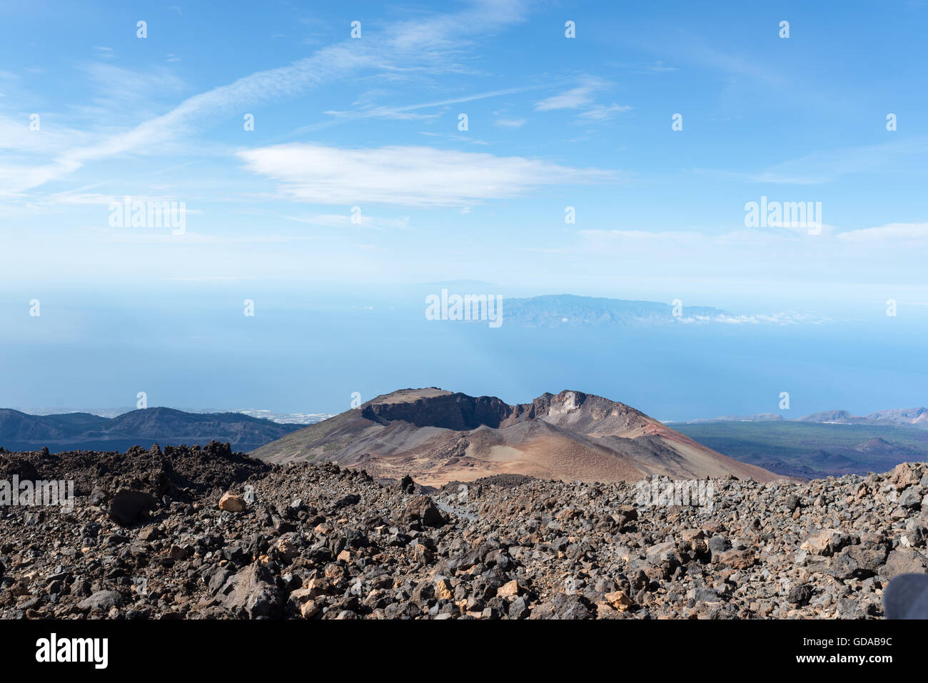 Spanien, Kanarische Inseln, Teneriffa, Wandern auf dem Picp del Teide. Der Pico del Teide (Teyde) ist mit 3718 m die höchste Erhebung auf der Kanarischen Insel Stockfoto