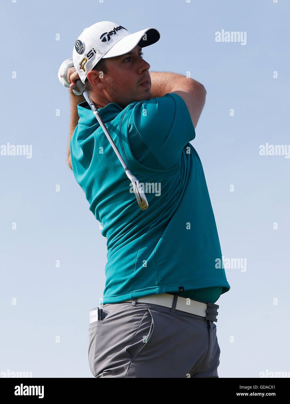 Englands Ryan Evans abschlägt 4. während eines der The Open Championship 2016 im Royal Troon Golf Club, South Ayrshire. Stockfoto