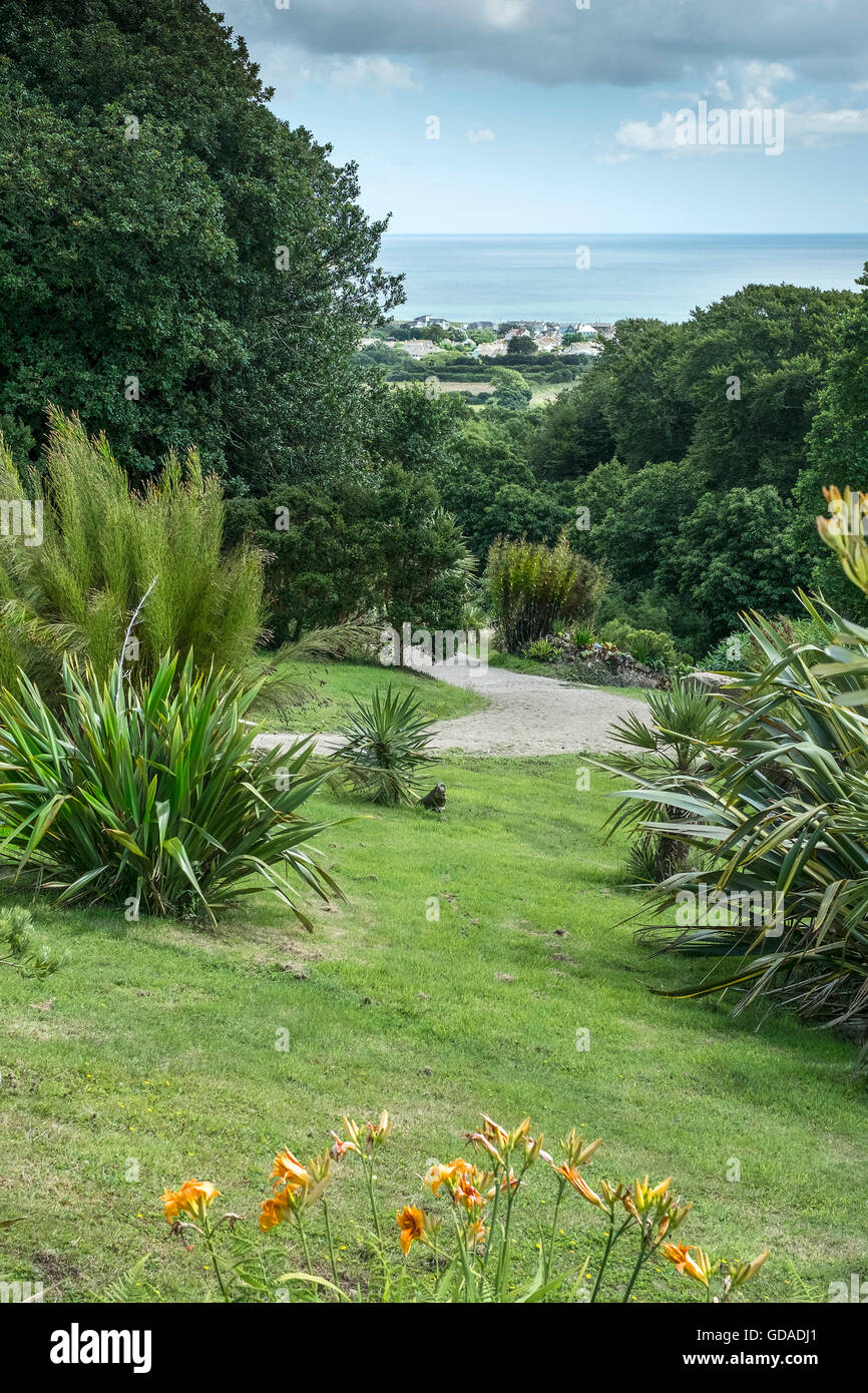 Eine spektakuläre Aussicht auf die Mounts Bay von Tremenheere Skulptur Gärten in Cornwall. Stockfoto