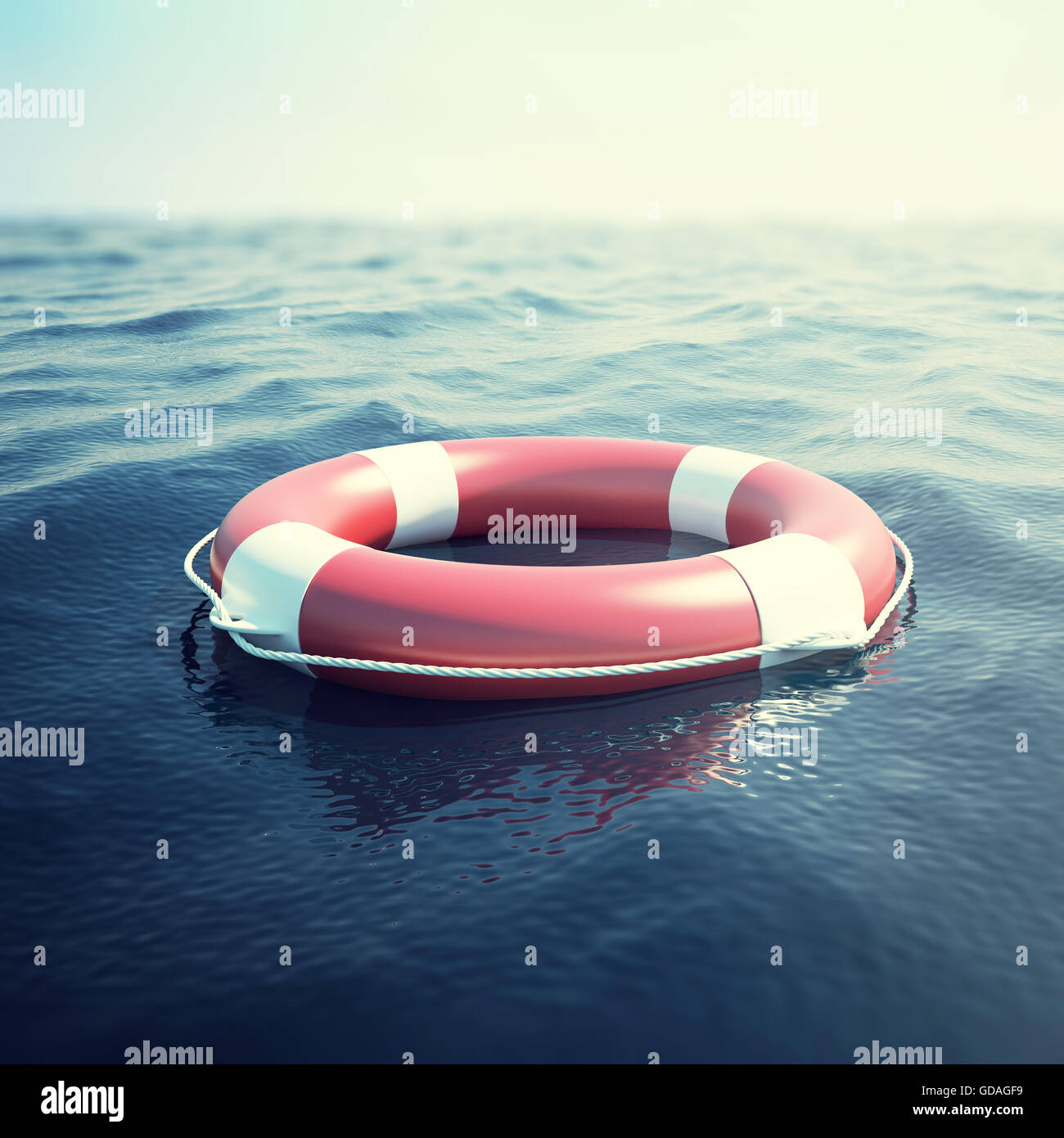 Roten Rettungsring auf den Wellen als ein Symbol der Hilfe und der Hoffnung. 3D illustration Stockfoto