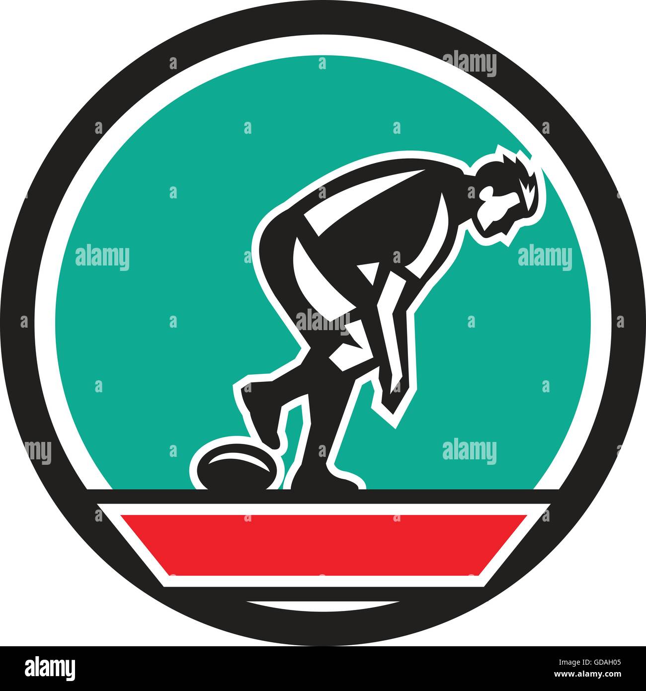 Beispiel für ein Rugby-League-Spieler spielen Ball der Seitenansicht im inneren Kreis getan im retro-Stil Stock Vektor