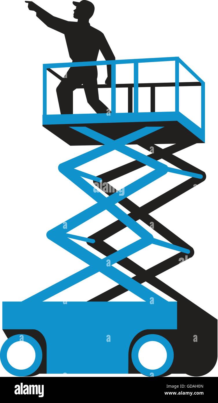 Abbildung eines Arbeitnehmers auf eine Scheren-Arbeitsbühne oder Hubarbeitsbühne und auch bekannt als eine Hubarbeitsbühne (AWP), Antenne Gerät, Arbeit Hubarbeitsbühne (EWP) oder Mobile erhebend Arbeitsbühne (hab), zeigen von der Seite am isolierten weißen Backgr betrachtet Stock Vektor