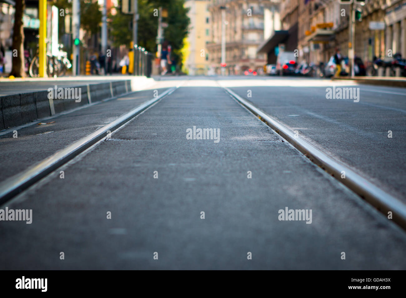 Straßenbahnschienen in der Nähe von Zentrum von Genf, Schweiz Stockfoto