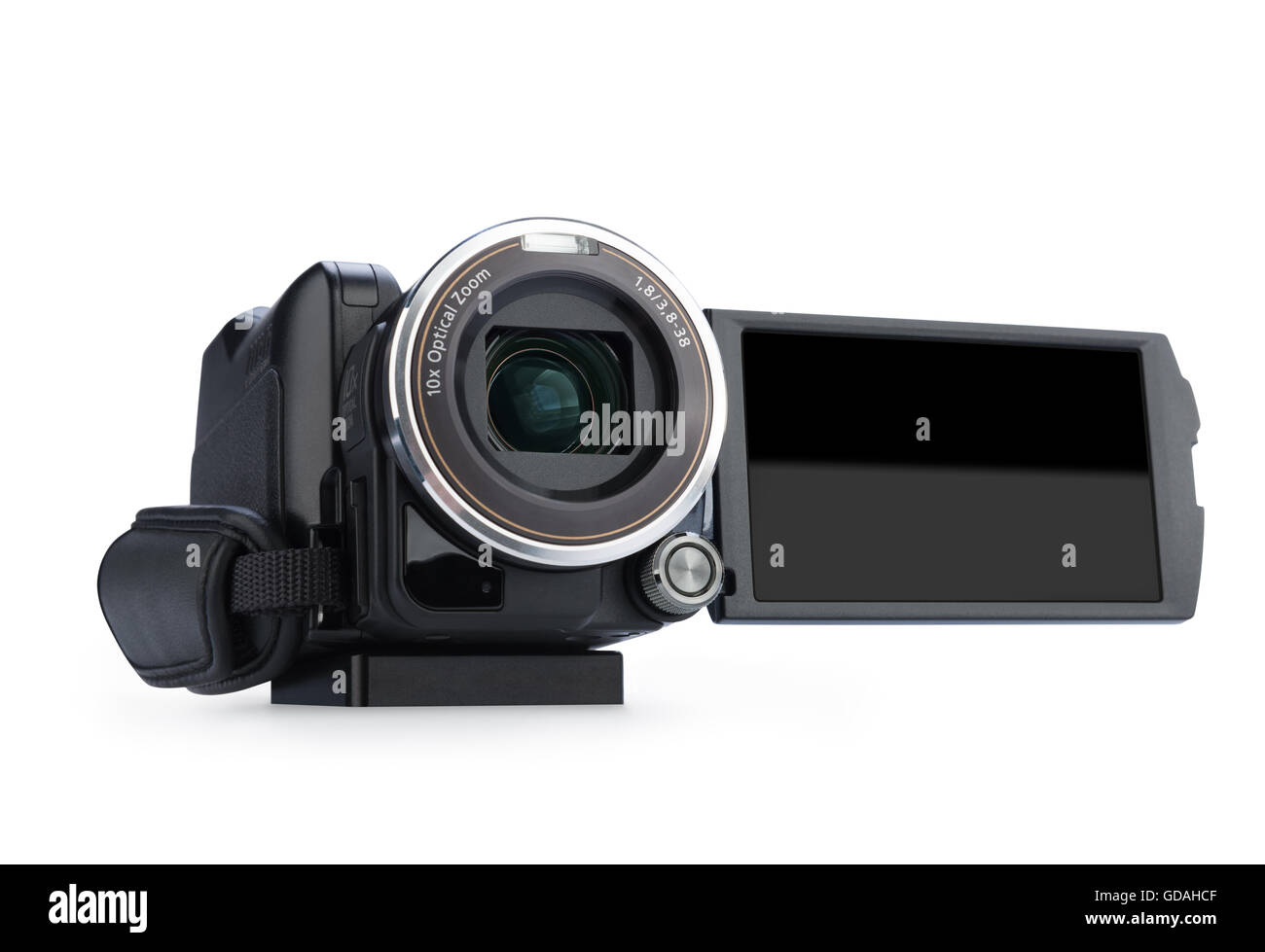 Digitale Videokamera isoliert auf weißem Hintergrund. Bildschirm hat eine Stockfoto