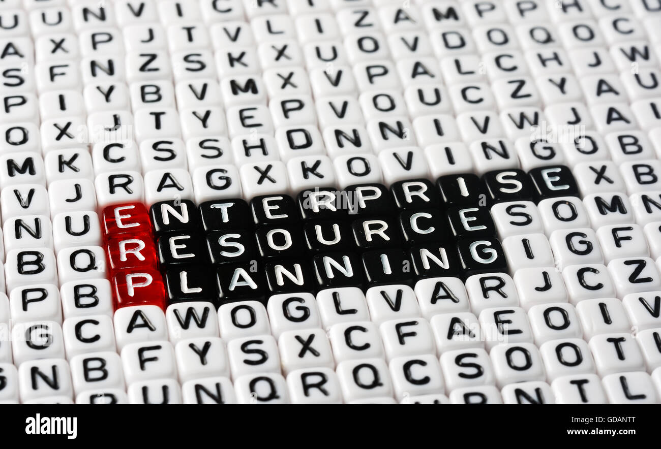 ERP-Enterprise Resource Planning geschrieben auf schwarze und weiße Würfel Stockfoto