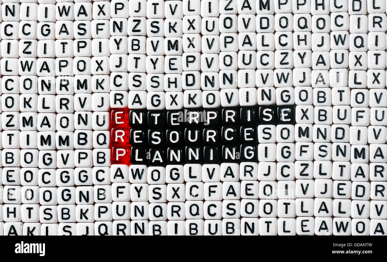 ERP-Enterprise Resource Planning geschrieben auf schwarze und weiße Würfel Stockfoto