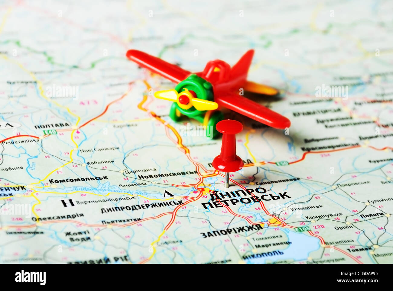 Nahaufnahme von Dnepropetrovsk, Ukraine, Karte und Flugzeug Stockfoto