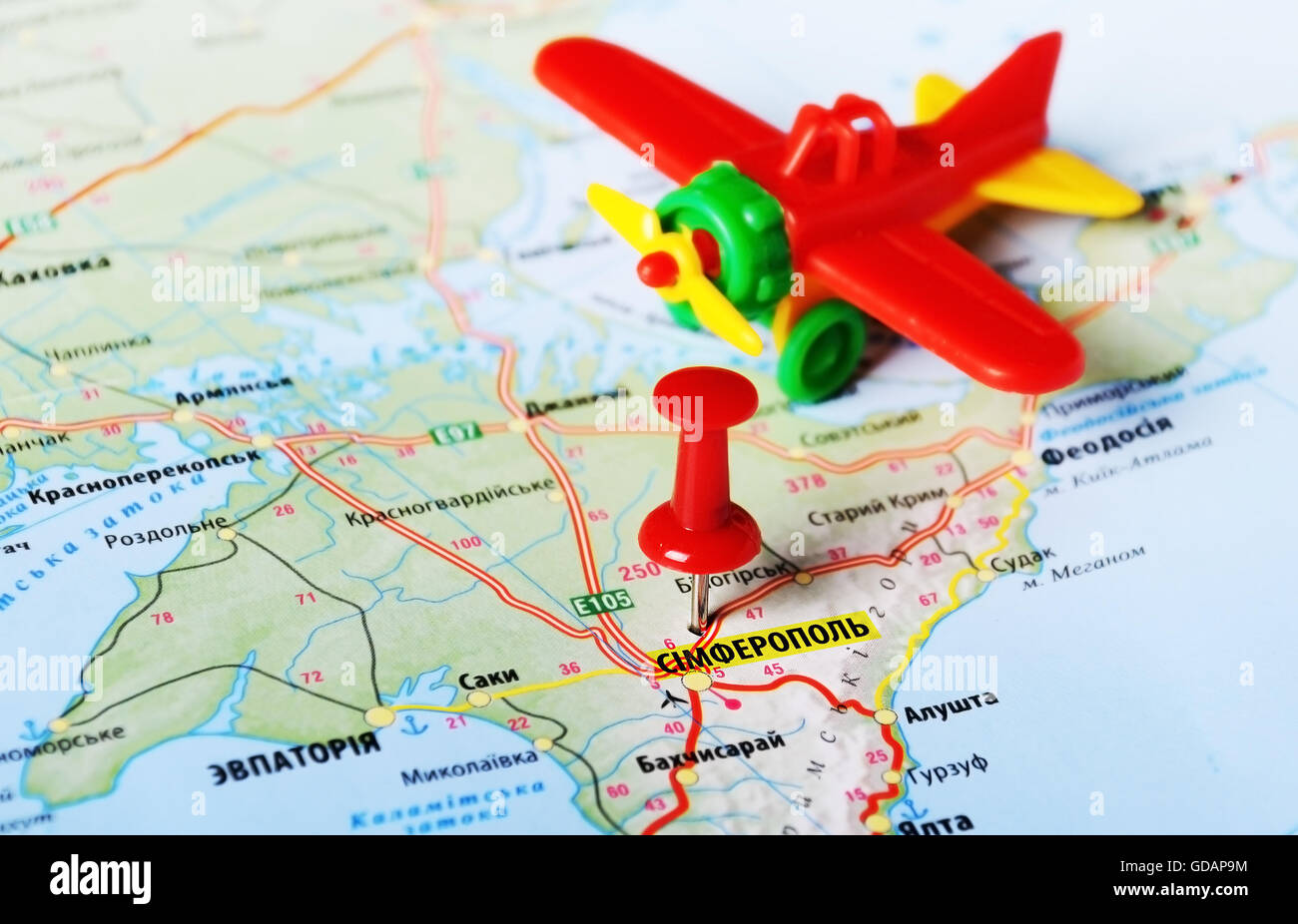 Nahaufnahme von Simferopol, Ukraine oder Russland, Karte mit airlane Stockfoto