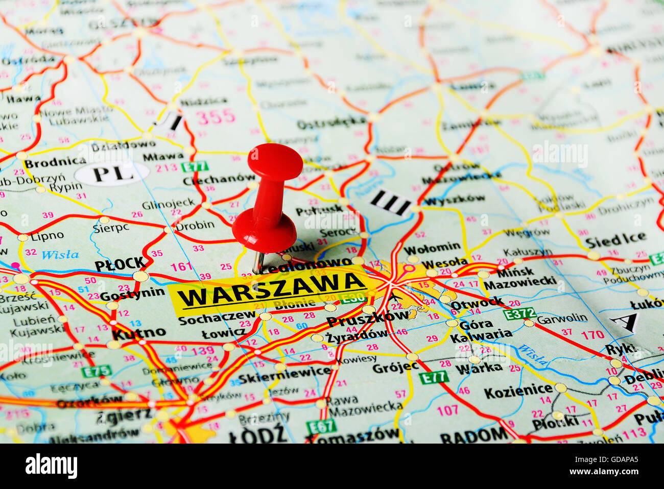 Nahaufnahme von Warschau, Polen-Karte mit roten pin Stockfotografie - Alamy