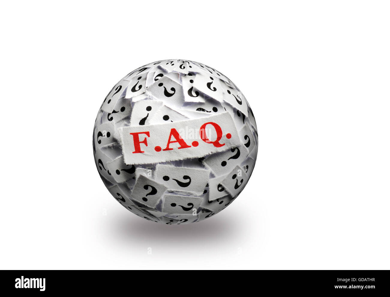 FAQ-Fragezeichen, White Papers über 3d Kugel - hartes Licht Stockfoto
