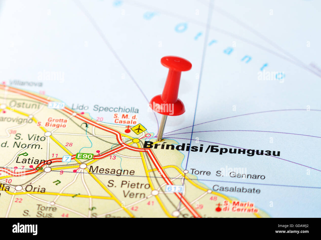 Nahaufnahme von Brindisi, Italien-Karte mit roten Pin - Reisekonzept Stockfoto
