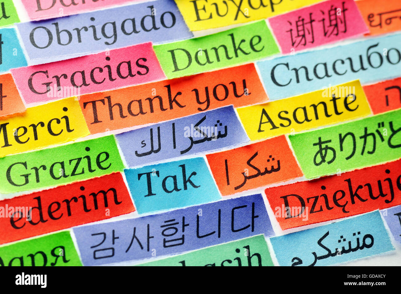 Danke Wortwolke auf farbiges Papier verschiedene Sprachen gedruckt Stockfoto
