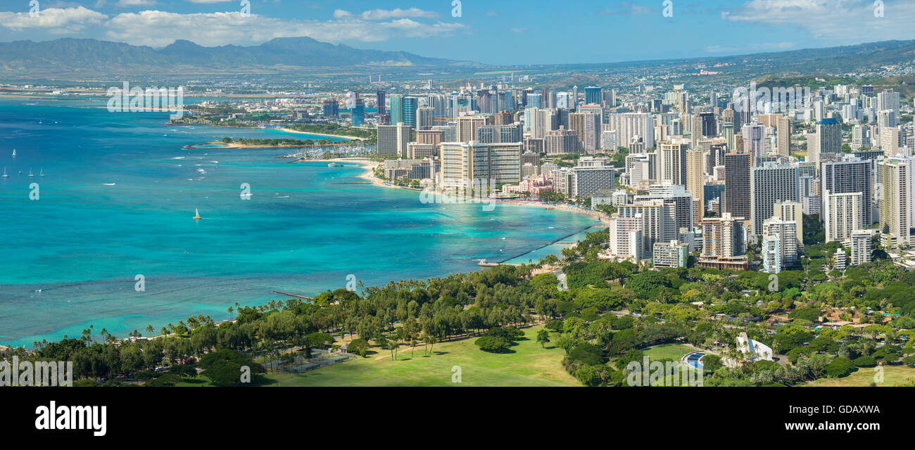 USA, Hawaii, Oahu, Honolulu, Waikiki, Panorama-Bild von Diamond Head Stockfoto