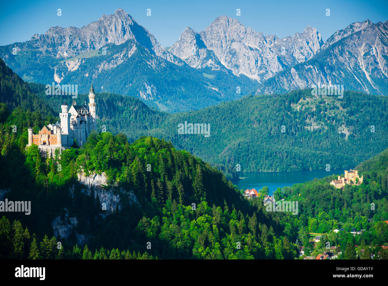 Schloss Neuschwanstein, Hohenschwangau, Füssen, Ostallgäu, Allgäu, Bayern, Deutschland, Europa Stockfoto