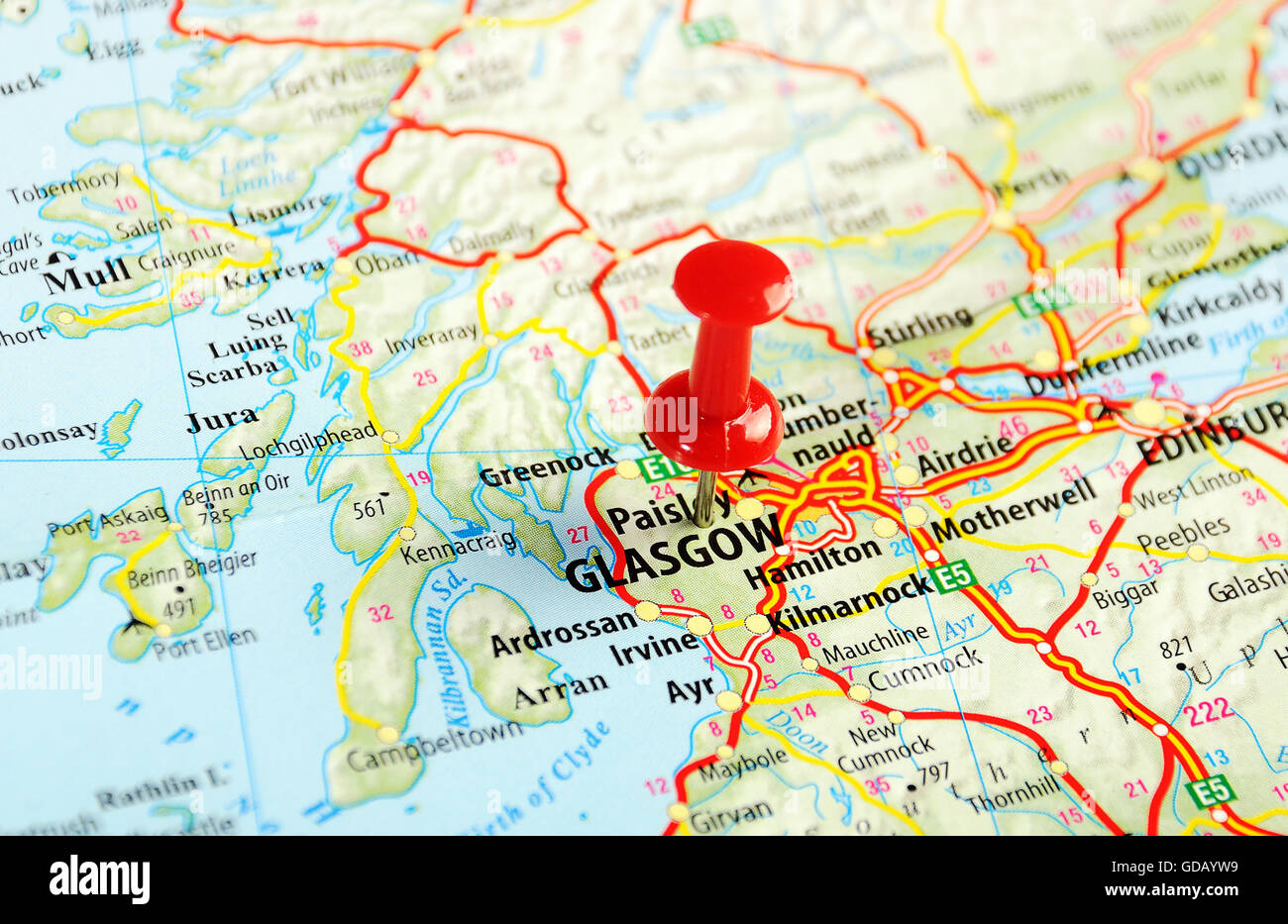 Glasgow-Schottland, Vereinigtes Königreich-Karte und Pin - Reisekonzept Stockfoto