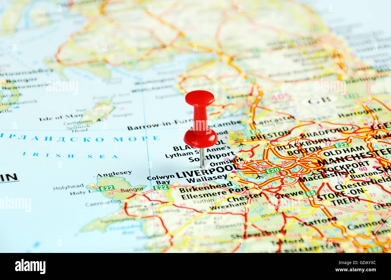 Liverpool England, Vereinigtes Königreich-Karte und Pin - Reisekonzept Stockfoto