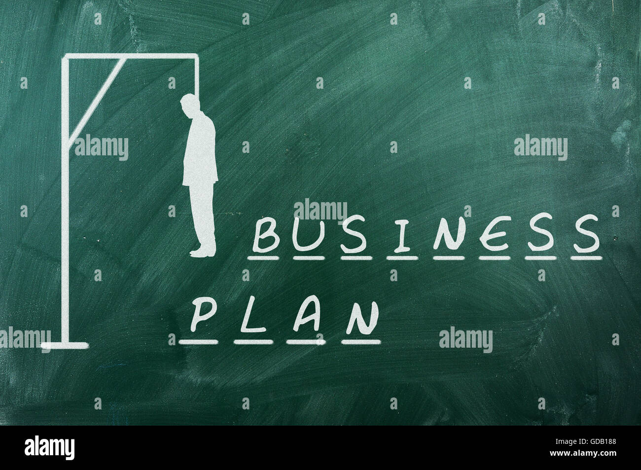 Hangman Spiel an grünen Tafel, Konzept des Scheiterns von Business-Plänen Stockfoto