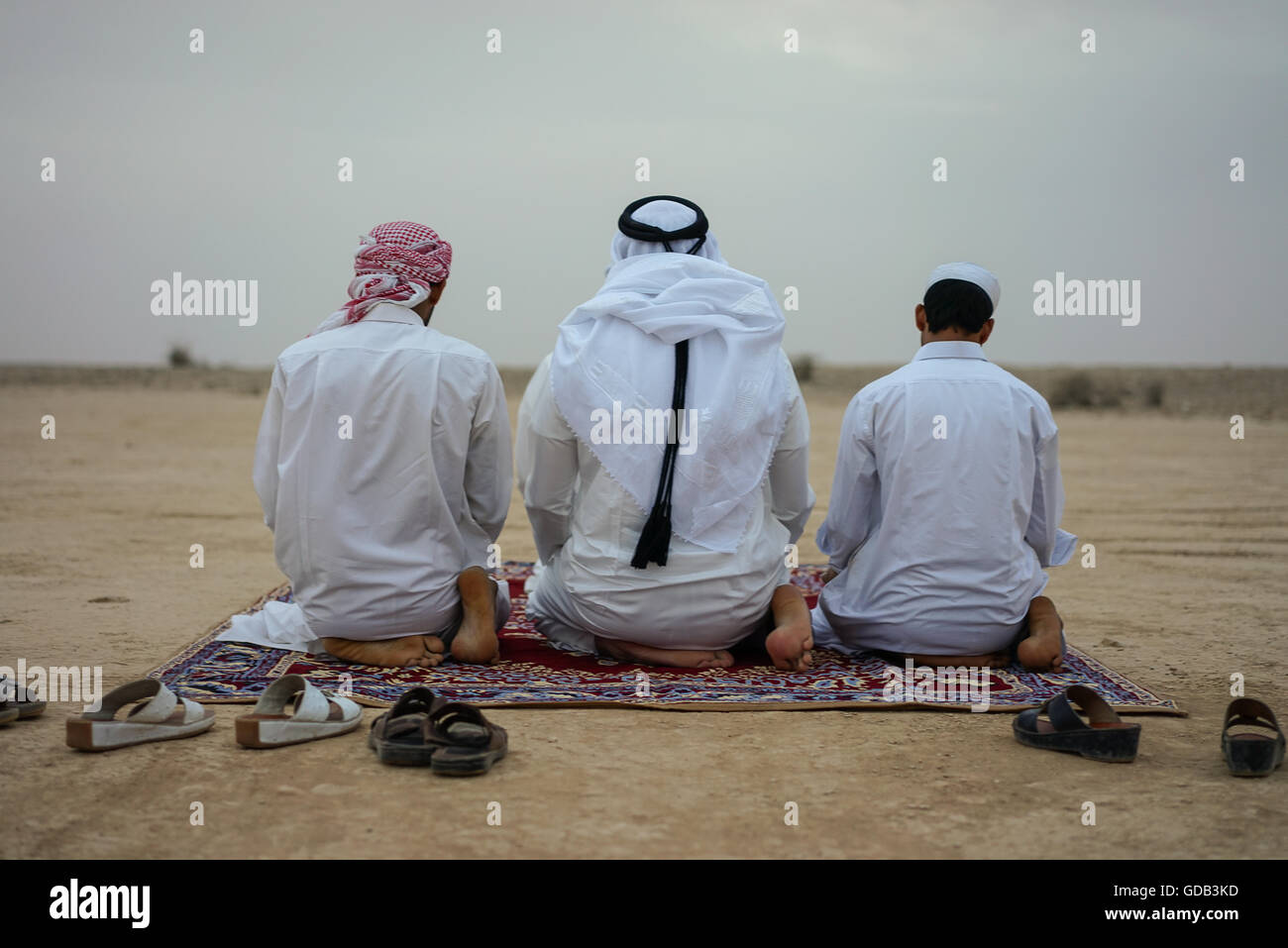 Katarische Männer beten. Ausbildung Falken nördlich von Doha, Katar. Neben traditionellen Techniken wie Köder, modernen arabischen Falknern machen Technologie einschließlich 4 x 4 Fahrzeuge, Drohnen und Radiotelemetrie. Stockfoto