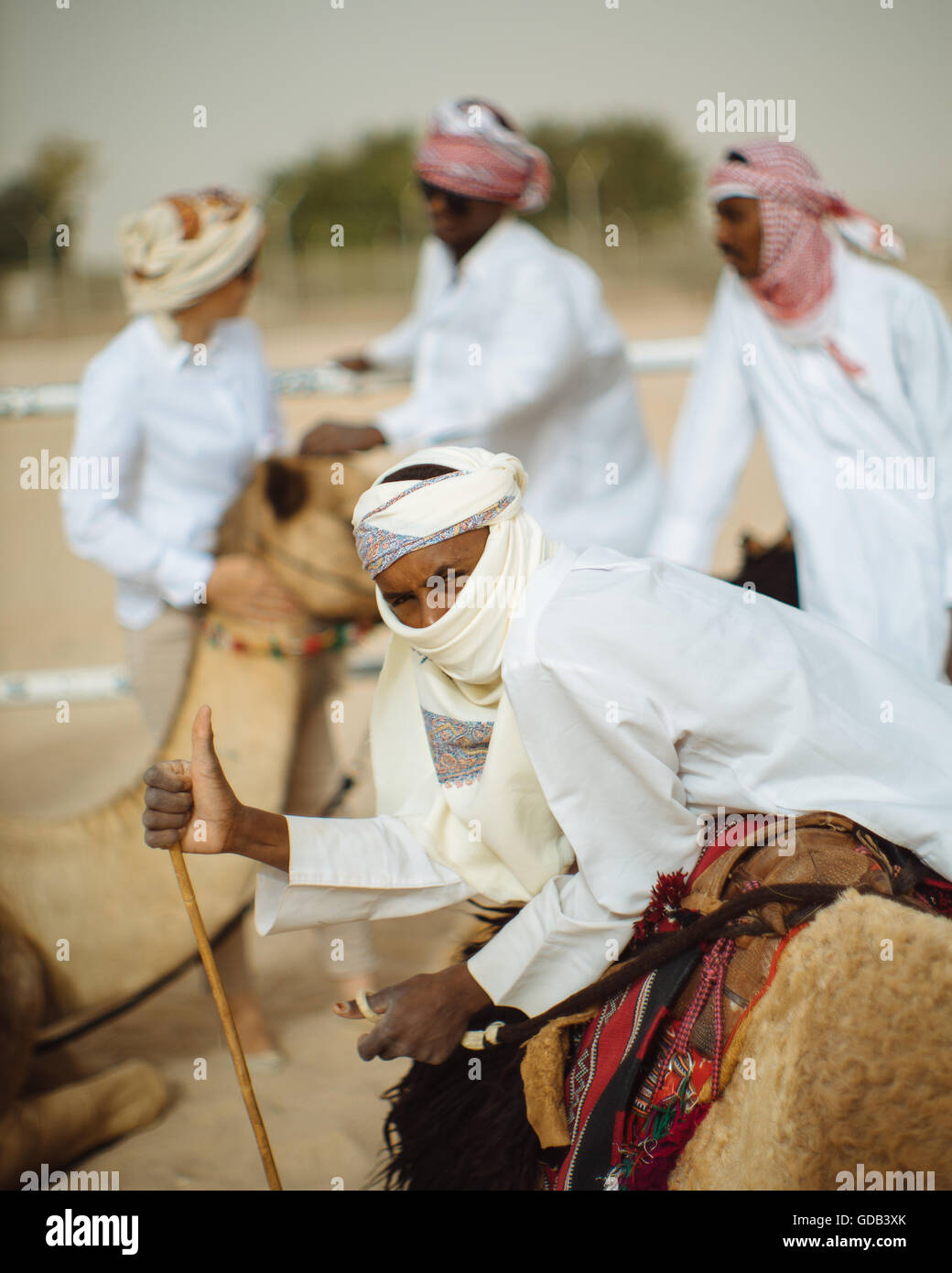 Kamel Trainer mit ihren Kamelen, Kamel-Farm in der Nähe der Kamelrennen verfolgen, Al Shahiniya, nördlich von Doha, Katar. Stockfoto