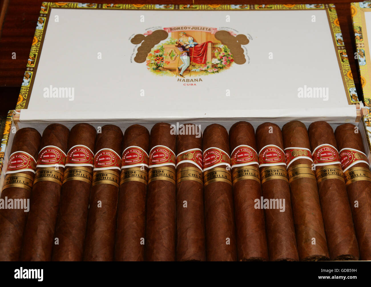 Eine Schachtel mit traditionellen kubanischen Zigarren. Stockfoto