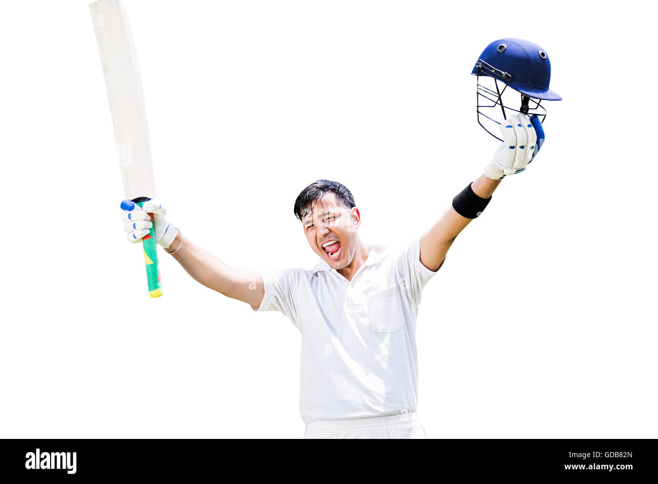 Heiter ein indischer Junge Mann cricketer Jahrhundert Sieg Erfolg cricket Sport Spiel Stockfoto