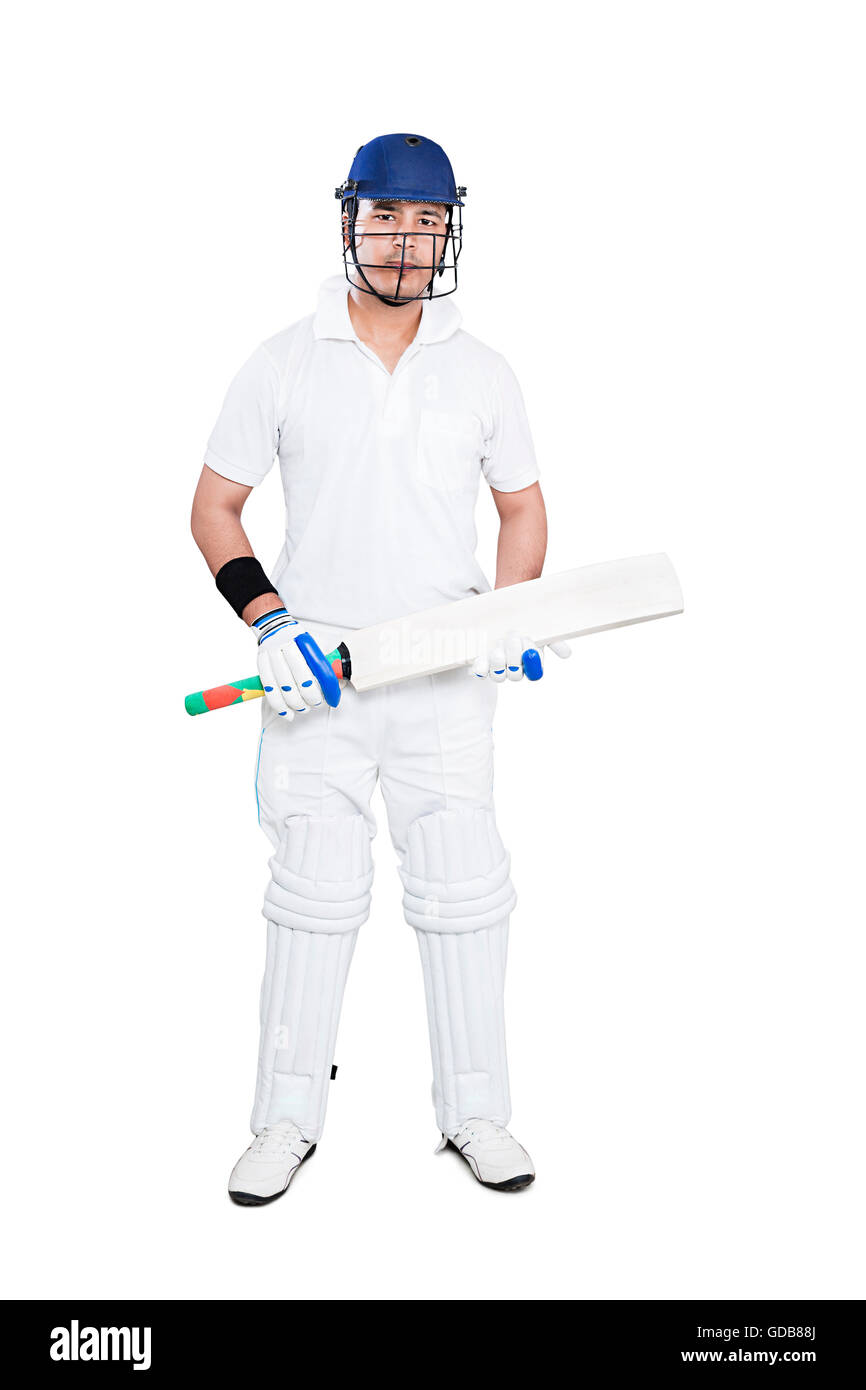 1 indischen jungen Mann Sport Spieler Kricket spielen und halten bat Stockfoto