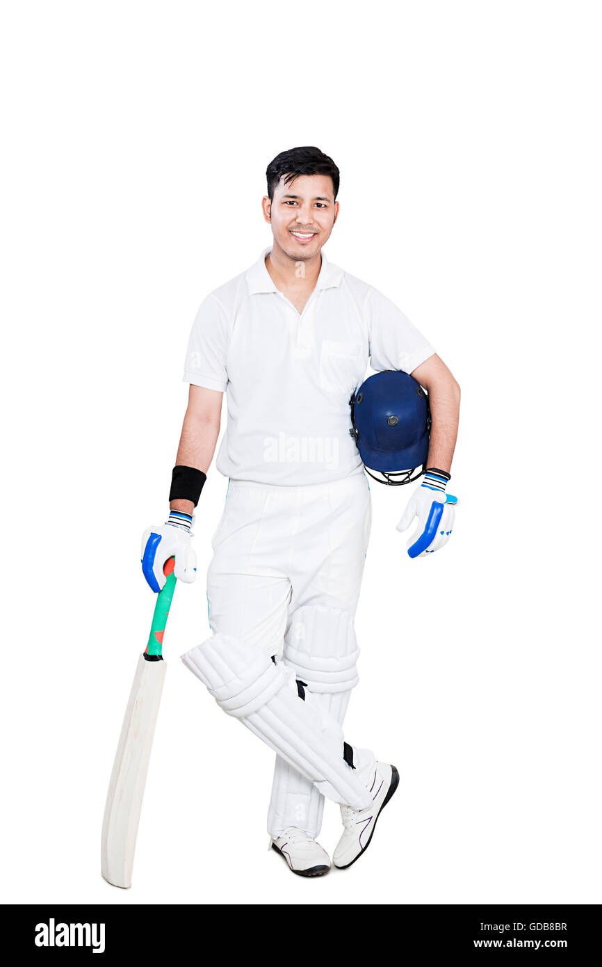 1 Indische Cricket Sport jungen Mann cricketer Holding bat mit Helm ständigen darstellen Stockfoto