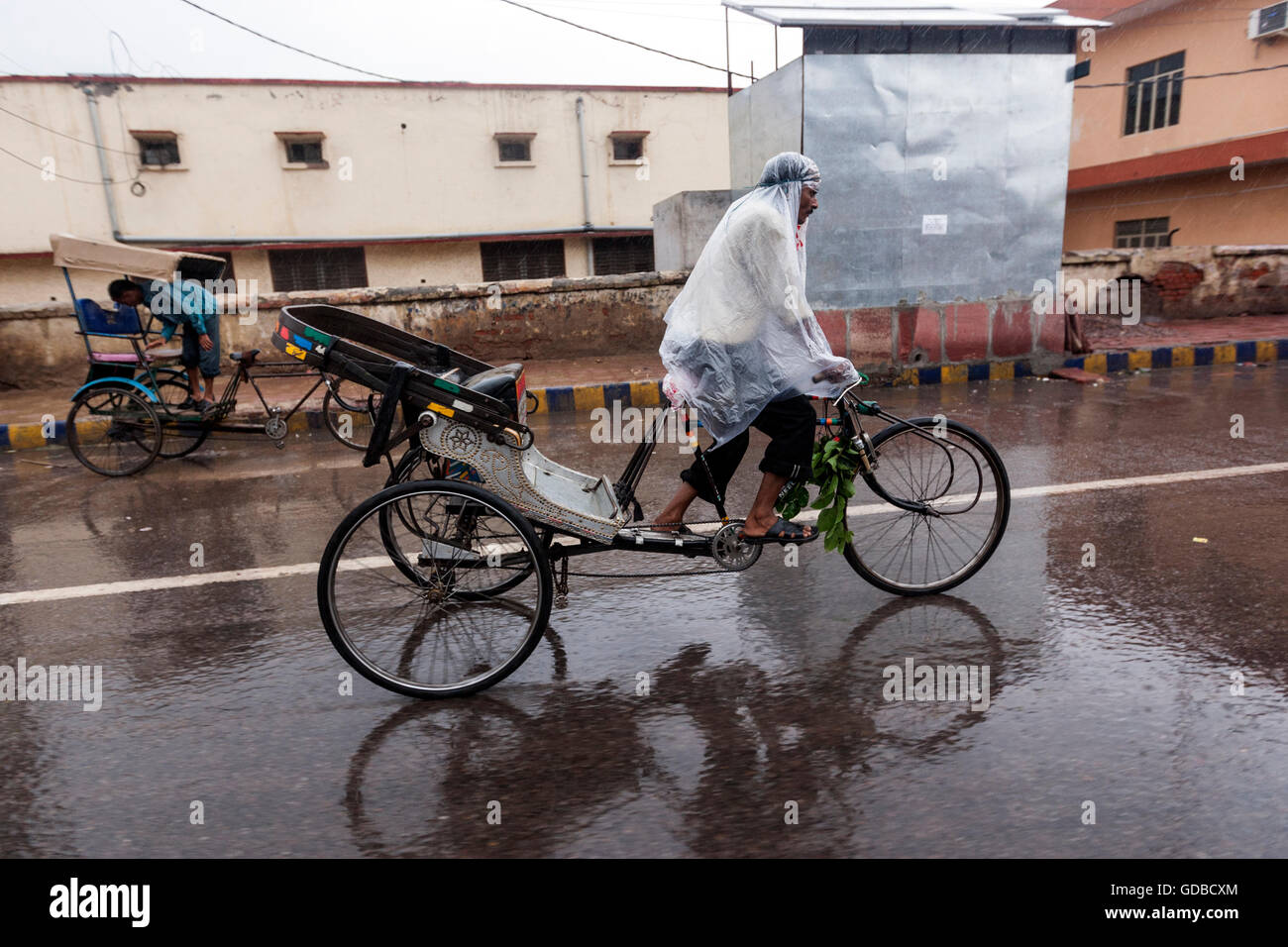 Fahrrad-Rikscha-Fahrer unter einem schweren Regen in Agra, Uttar Pradesh, Indien Stockfoto
