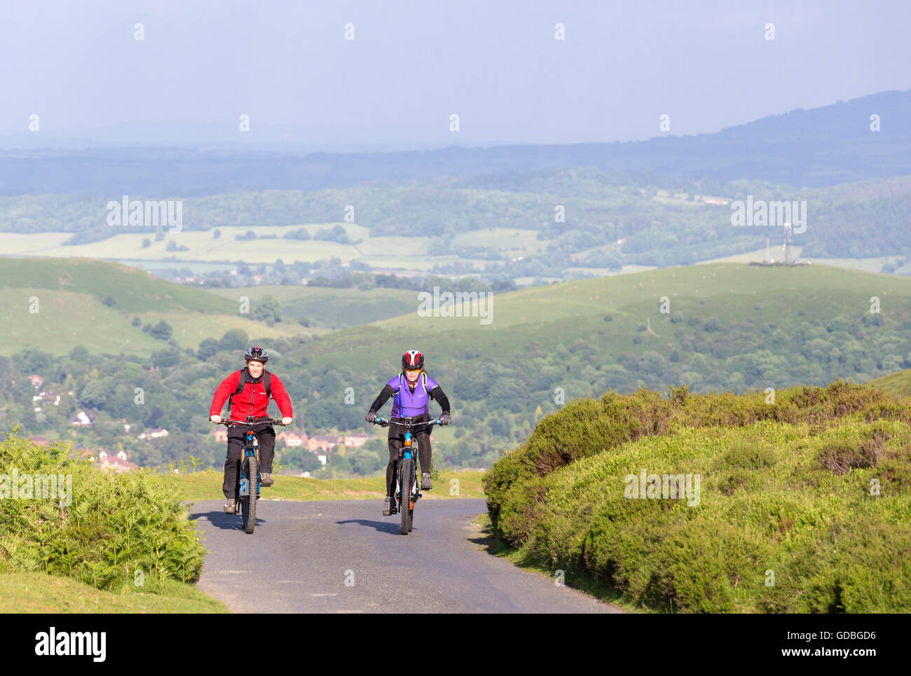 Mountainbiken auf den Long Mynd, Shropshire, England, UK Stockfoto