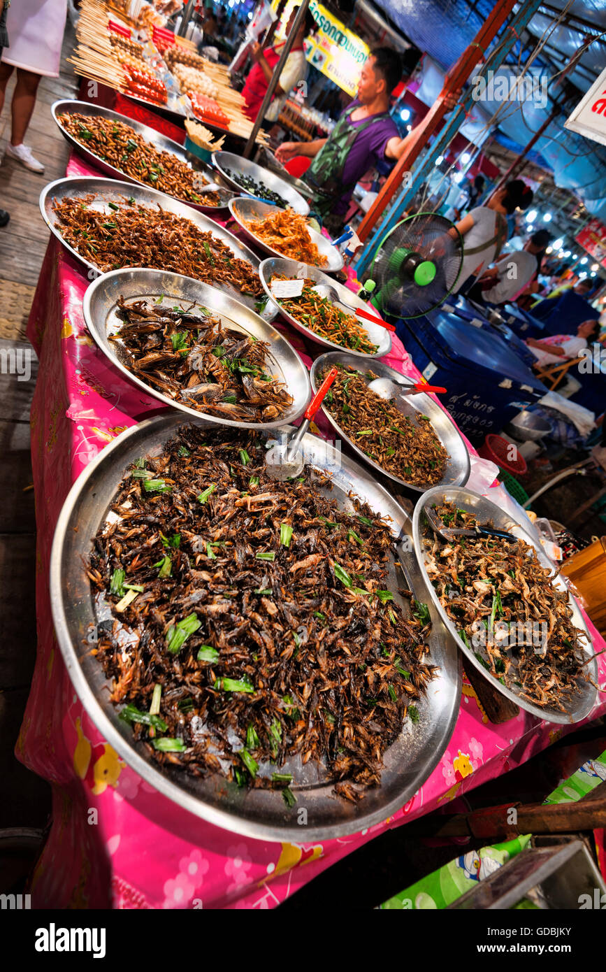 Garküchen und Restaurants verkaufen Insekten, Bangkok, Thailand. Stockfoto