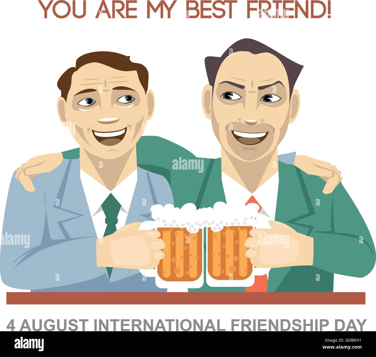 Glückliche Freundschaft-Tageskarte. 4 August. Beste Freunde Mann trinken Bär und schütteln Gläser. Digitale Vektor-Bild Stock Vektor