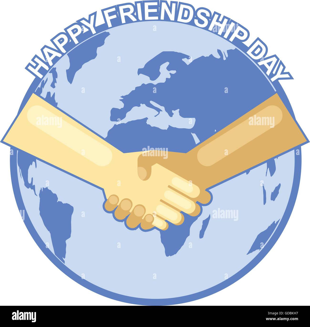 Glückliche Freundschaft-Tageskarte. 4 August. Beste Freunde, übergibt zwei schütteln Symbol Karte der Welt Hintergrund. Digitale Vektor-Bild Stock Vektor