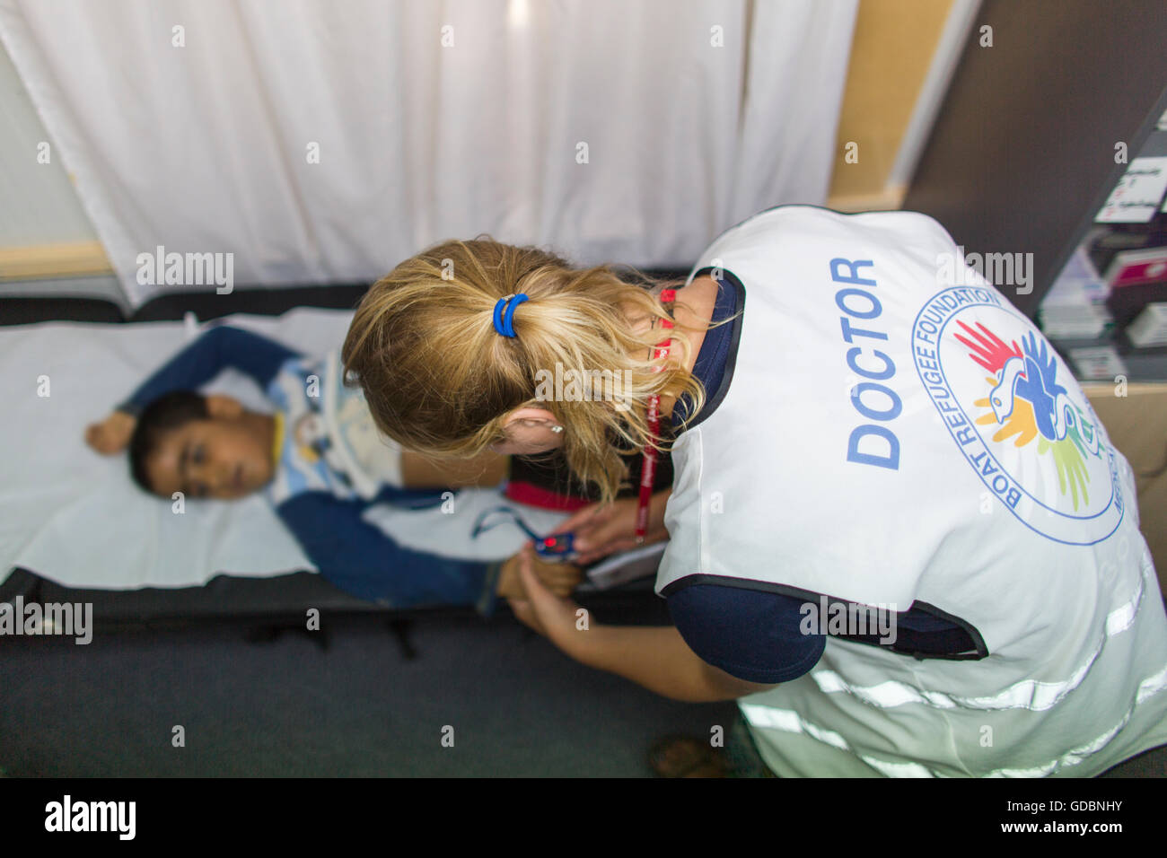 Mobile Klinik für syrische Flüchtlinge, Boot Flüchtling Stiftung in Lesbos, Griechenland Stockfoto