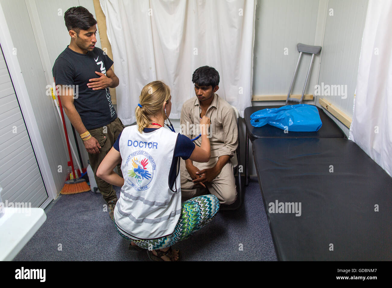 Mobile Klinik für syrische Flüchtlinge, Boot Flüchtling Stiftung in Lesbos, Griechenland Stockfoto