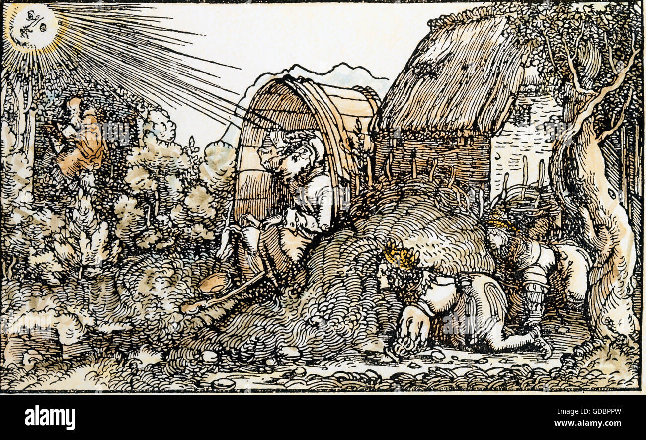 Diogenes von Sinope, 412 - 323 v. Chr., griechische Philosoph, halbe Länge, in einer Wanne sitzend und mit Kronen in die Sonne blickend, Romulus und Remus, farbiger Holzschnitt vom Petrarca-Meister (1532 - 1620) bis 'Von der Artzney-Bajder Glueck' (De remediis utriusque fortunae 1344/1366), von Francesco Petrarca (134-13074) Stockfoto