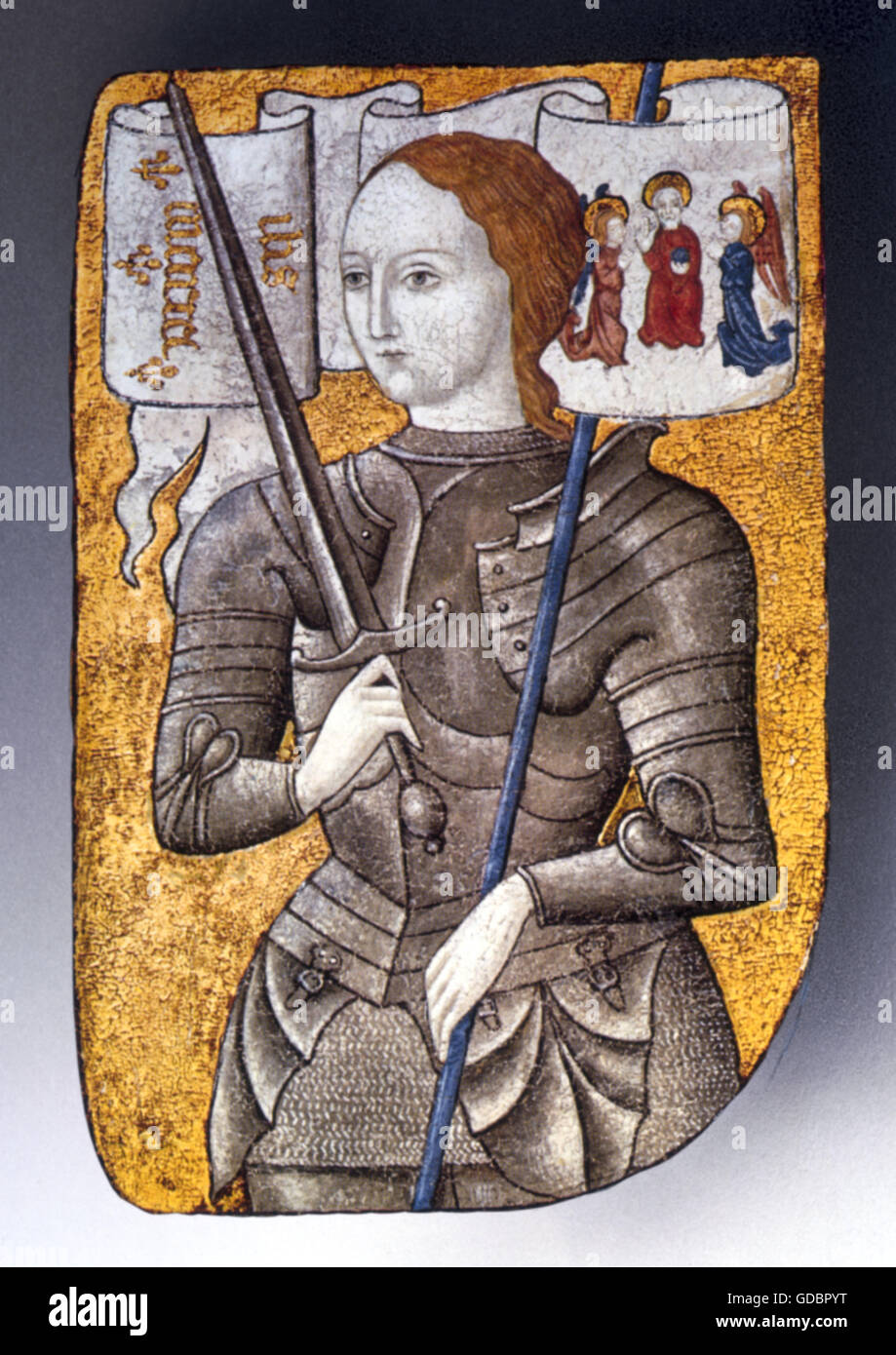 Joan of Arc, 6.1.1412 - 30.5.1431, französischer Nationalheld, halbe Länge, Scutum Malerei, 15. Jahrhundert, Louvre Paris, Namen und Monogramm von Jungfrau Maria und Christus, drei Lilien, Gott der Vater und zwei Engeln, Stockfoto