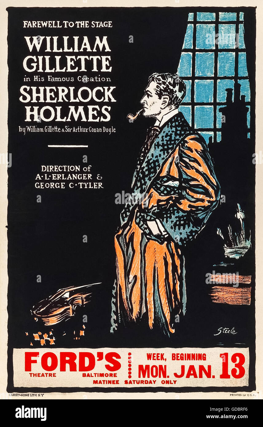"Sherlock Holmes" Playbill stockwerkartig für ein Theaterstück von angepasst von Sir Arthur Conan Doyle von William Gillette (1853 – 1937), die auch die Hauptrolle spielte; von Fords Grand Opera House, Baltimore während der "Farewell Tour" Januar 1930. Illustration von Frederic Dorr Steele (1873-1944). Siehe Beschreibung für mehr Informationen. Stockfoto