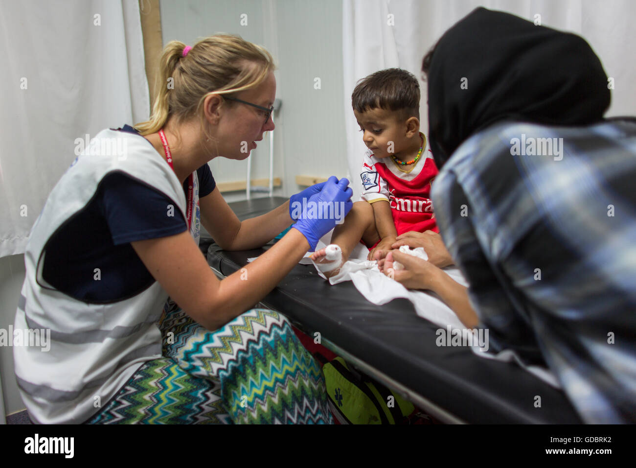 Mobile Klinik für syrische Flüchtlinge in Moria Camp laufen Boot Flüchtling-Stiftung in Lesbos, Griechenland Stockfoto