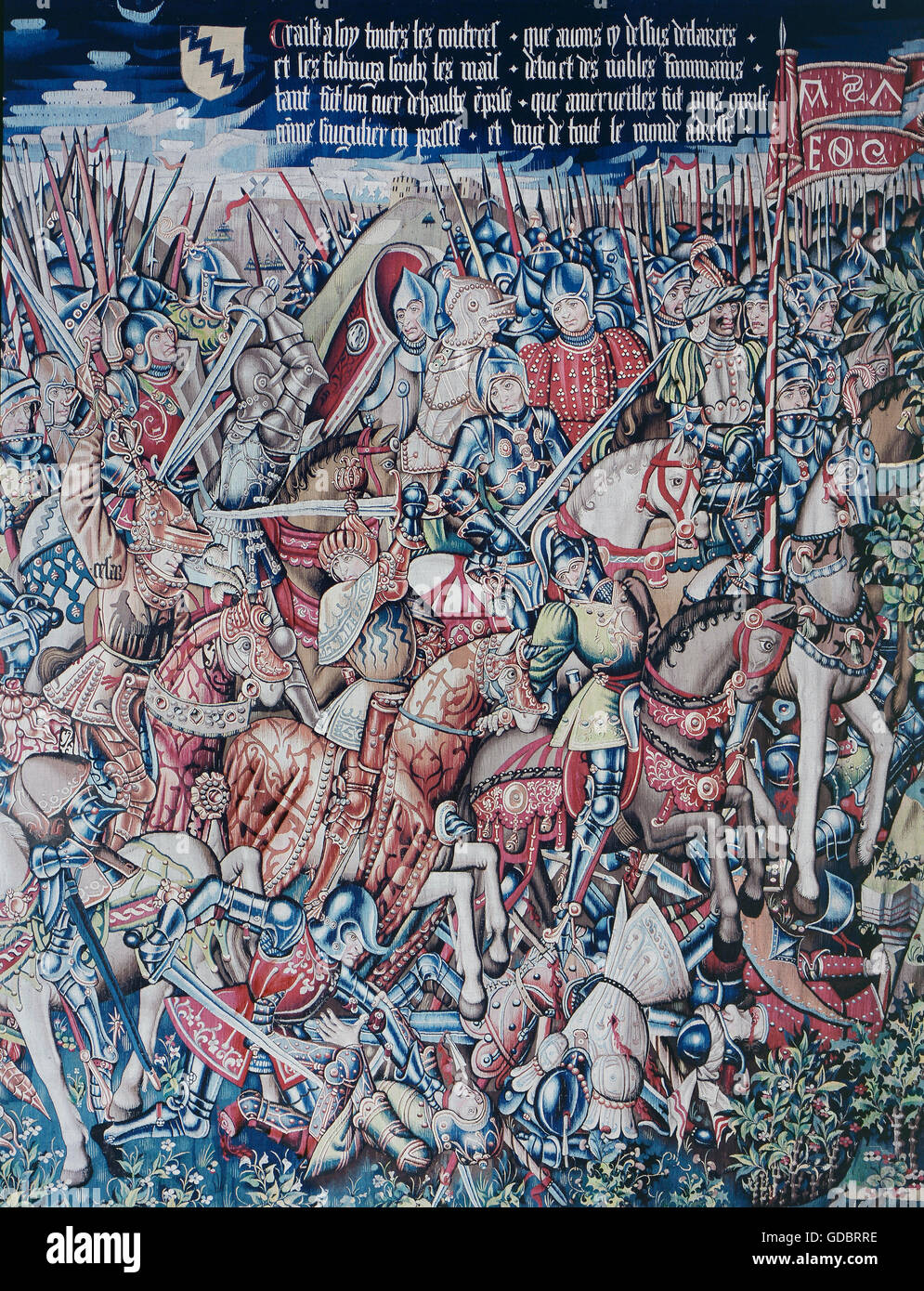 Cäsar, Caius Julius, 13.7.100 - 15.3.44 v. Chr., römischer Politiker, Diktator 49 und von 47, "Die Schlacht von Pharsalus", Wandteppich, Detail, Tournai, ca. 1465 - 1470, historisches Museum, Basel, Stockfoto